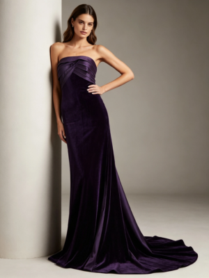 Dark Purple Strapless Pleated Satin Top Velvet Mermaid Maxi Dress Long Train Formal Evening Gown