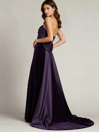 Dark Purple Strapless Pleated Satin Top Velvet Mermaid Maxi Dress Long Train Formal Evening Gown