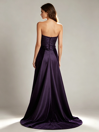 Dark Purple Strapless Pleated Satin Top Velvet Mermaid Maxi Dress Long Train Formal Evening Gown