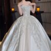 Ivory Off Shoulder Sparkling Rhinestone Satin Wedding Ball Gown