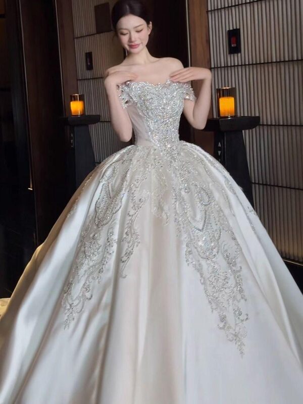 Ivory Off Shoulder Sparkling Rhinestone Satin Wedding Ball Gown