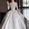 Ivory Off Shoulder Sparkling Rhinestone Satin Wedding Ball Gown