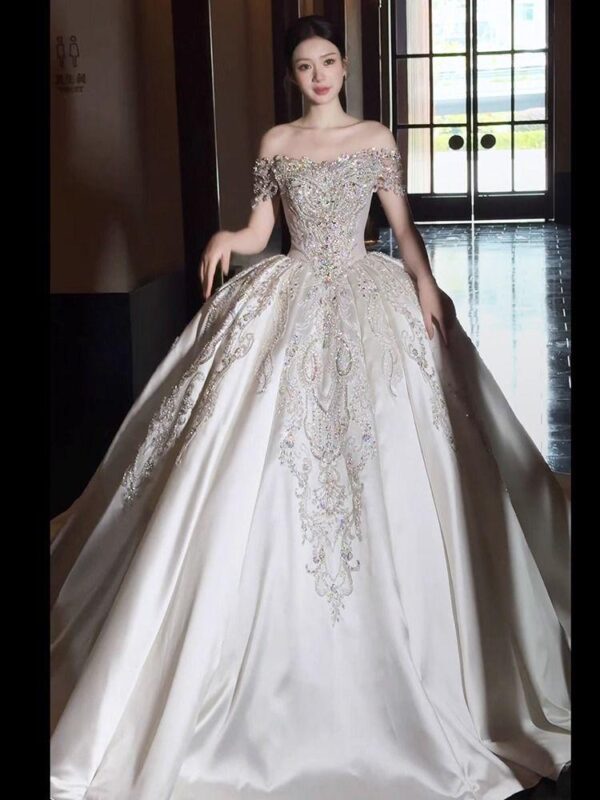 Ivory Off Shoulder Sparkling Rhinestone Satin Wedding Ball Gown