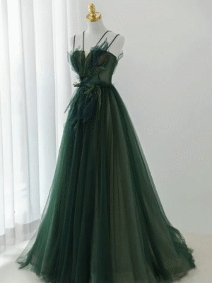 Forest Green Spaghetti Strap Sweet 16 Dress 3D Leaf Tulle Ball Gown