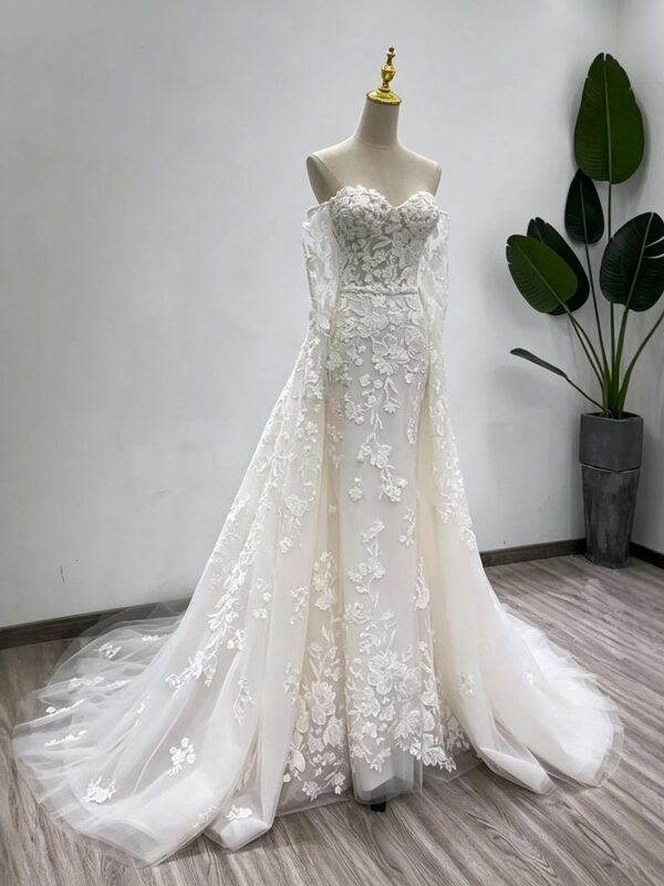 Strapless Sweetheart Mermaid Wedding Dress 3D Floral Lace Detachable Tulle Overlay Train Bridal Gown