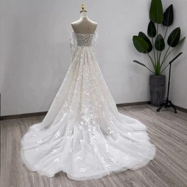 Strapless Sweetheart Mermaid Wedding Dress 3D Floral Lace Detachable Tulle Overlay Train Bridal Gown