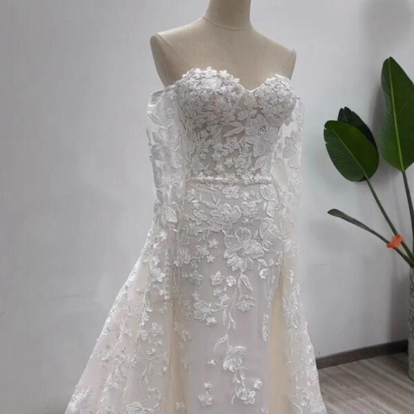 Strapless Sweetheart Mermaid Wedding Dress 3D Floral Lace Detachable Tulle Overlay Train Bridal Gown