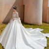High Neck Illusion Long Sleeve Rhinestone Lace Satin Ball Gown Wedding Dress With Oversized Satin Train Bridal Gown