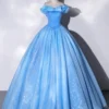 Light Blue Ruffled Off Shoulder Sweet 16 Dress Starry Tulle Quince Gown