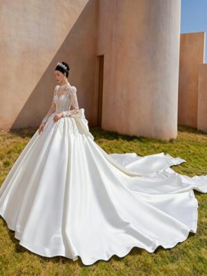 High Neck Illusion Long Sleeve Rhinestone Lace Satin Ball Gown Wedding Dress With Oversized Satin Train Bridal Gown