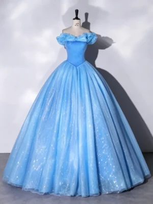 Light Blue Ruffled Off Shoulder Sweet 16 Dress Starry Tulle Quince Gown