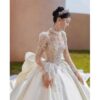High Neck Illusion Long Sleeve Rhinestone Lace Satin Ball Gown Wedding Dress With Oversized Satin Train Bridal Gown
