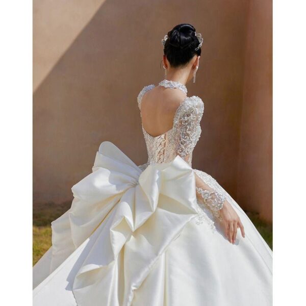 High Neck Illusion Long Sleeve Rhinestone Lace Satin Ball Gown Wedding Dress With Oversized Satin Train Bridal Gown