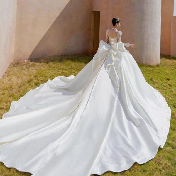 High Neck Illusion Long Sleeve Rhinestone Lace Satin Ball Gown Wedding Dress With Oversized Satin Train Bridal Gown