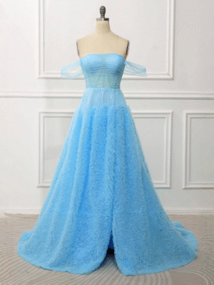 Sky Blue Off Shoulder Sweet 16 Dress Fluffy Tulle Corset Ball Gown