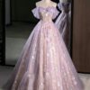 Lavender Off Shoulder Sweet 16 Dress Floral Glitter Tulle Ball Gown
