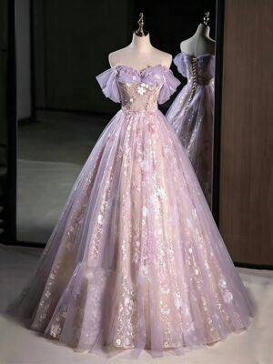 Lavender Off Shoulder Sweet 16 Dress Floral Glitter Tulle Ball Gown