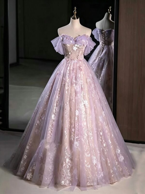 Lavender Off Shoulder Sweet 16 Dress Floral Glitter Tulle Ball Gown
