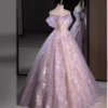 Lavender Off Shoulder Sweet 16 Dress Floral Glitter Tulle Ball Gown
