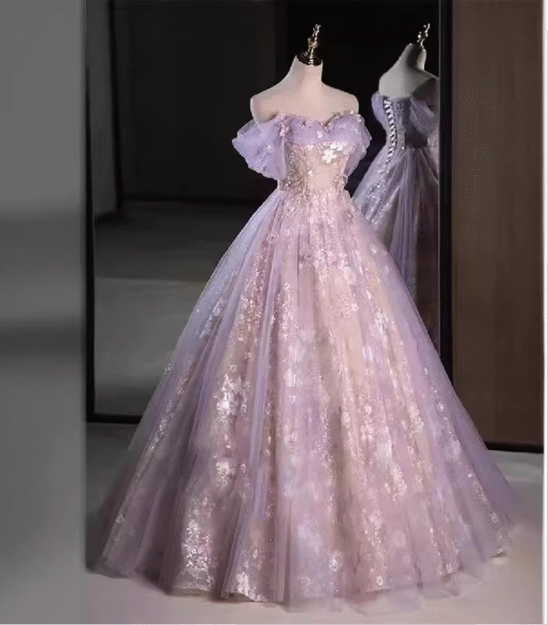 Lavender Off Shoulder Sweet 16 Dress Floral Glitter Tulle Ball Gown