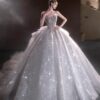 Strapless Sweetheart Rhinestone Glitter Tulle Ball Gown Wedding Dress Oversized Side Bow Luxury Bridal Gown With Train