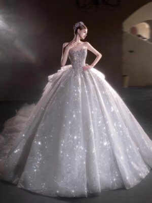 Strapless Sweetheart Rhinestone Glitter Tulle Ball Gown Wedding Dress Oversized Side Bow Luxury Bridal Gown With Train