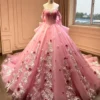 Hot Pink Off Shoulder Sweet 16 Dress 3D Floral Tulle Corset Ball Gown