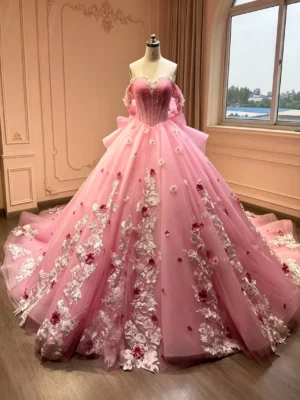 Hot Pink Off Shoulder Sweet 16 Dress 3D Floral Tulle Corset Ball Gown