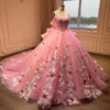 Hot Pink Off Shoulder Sweet 16 Dress 3D Floral Tulle Corset Ball Gown