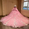 Hot Pink Off Shoulder Sweet 16 Dress 3D Floral Tulle Corset Ball Gown