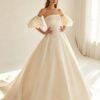Off The Shoulder Puff Short Sleeve Satin Ball Gown Wedding Dress Delicate Rhinestone Lace Embroidery Bridal Gown With Train