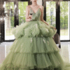 Light Green V Neck Sweet 16 Dress Ruffled Layer Tulle Formal Gown
