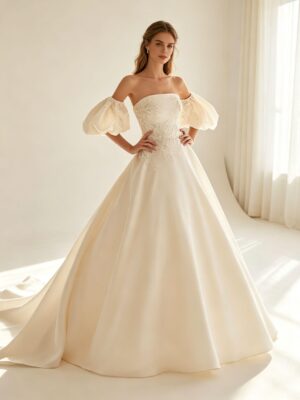 Off The Shoulder Puff Short Sleeve Satin Ball Gown Wedding Dress Delicate Rhinestone Lace Embroidery Bridal Gown With Train
