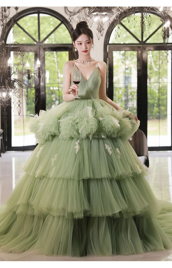 Light Green V Neck Sweet 16 Dress Ruffled Layer Tulle Formal Gown