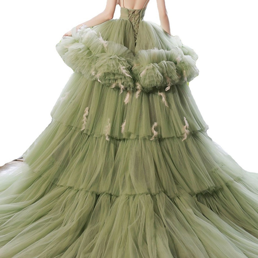 Light Green V Neck Sweet 16 Dress Ruffled Layer Tulle Formal Gown