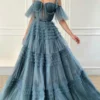Dusty Blue Off Shoulder Sweet 16 Dress Tiered Ruffle Tulle Ball Gown