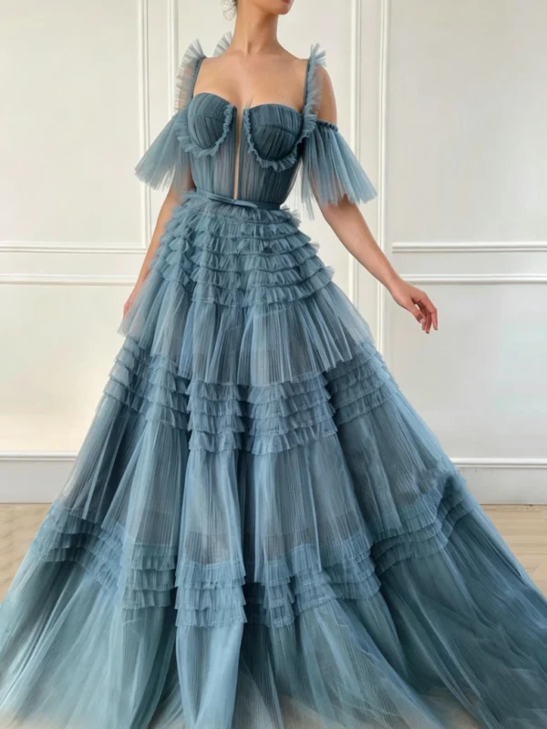 Dusty Blue Off Shoulder Sweet 16 Dress Tiered Ruffle Tulle Ball Gown