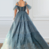 Dusty Blue Off Shoulder Sweet 16 Dress Tiered Ruffle Tulle Ball Gown