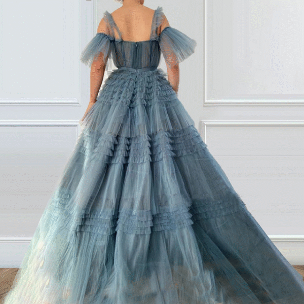 Dusty Blue Off Shoulder Sweet 16 Dress Tiered Ruffle Tulle Ball Gown
