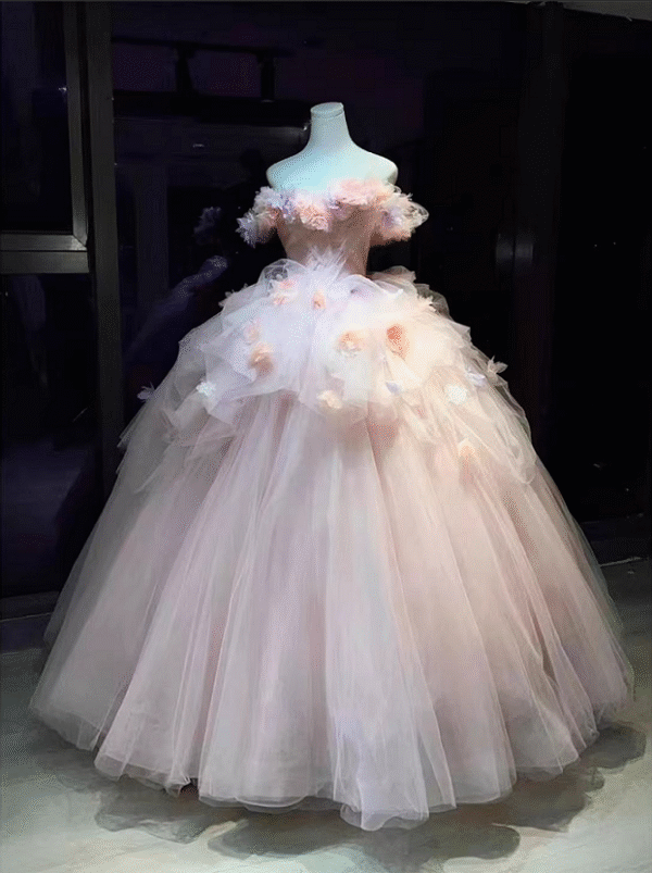 Dusty Pink Ruffle Sleeve Sweet 16 Dress Floral Fairy Formal Gown