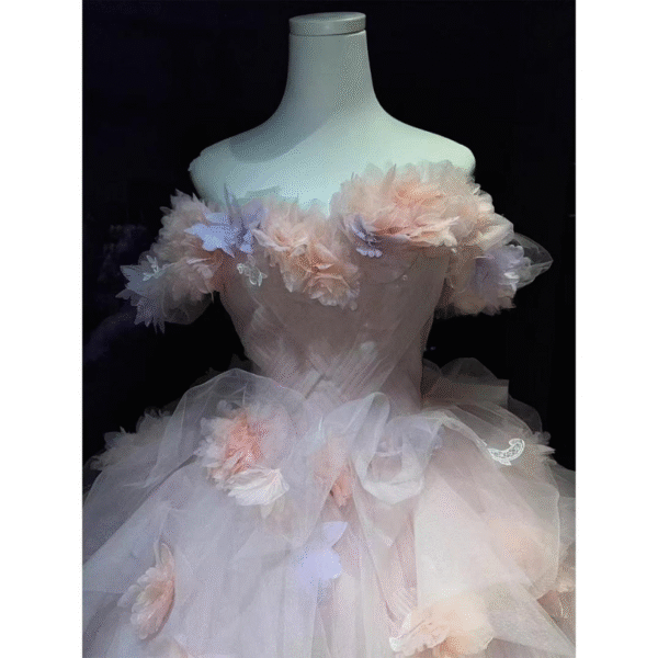 Dusty Pink Ruffle Sleeve Sweet 16 Dress Floral Fairy Formal Gown