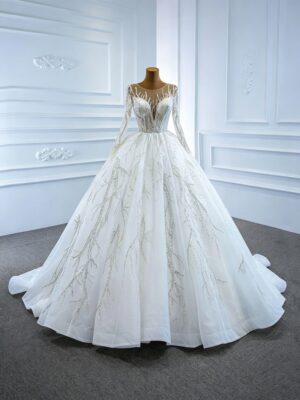 Illusion Deep V Long Sleeve Glitter Branch Rhinestone Tulle Ball Gown Wedding Dress With Train Bridal Gown