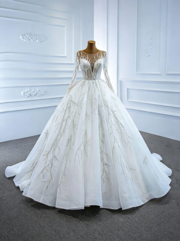 Illusion Deep V Long Sleeve Glitter Branch Rhinestone Tulle Ball Gown Wedding Dress With Train Bridal Gown