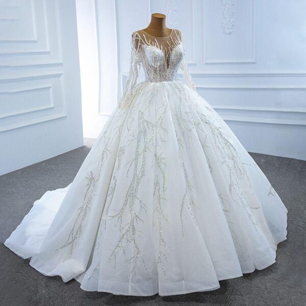 Illusion Deep V Long Sleeve Glitter Branch Rhinestone Tulle Ball Gown Wedding Dress With Train Bridal Gown