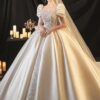Square Neck Puff Short Sleeve Satin Ball Gown Wedding Dress Full Rhinestone Lace Corset Bridal Gown With Long Tulle Veil