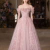 Dusty Pink Puff Sleeve Sweet 16 Dress Crisscross Waist Formal Gown