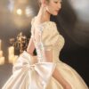 Square Neck Puff Short Sleeve Satin Ball Gown Wedding Dress Full Rhinestone Lace Corset Bridal Gown With Long Tulle Veil