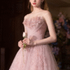 Dusty Pink Puff Sleeve Sweet 16 Dress Crisscross Waist Formal Gown