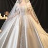 Square Neck Puff Short Sleeve Satin Ball Gown Wedding Dress Full Rhinestone Lace Corset Bridal Gown With Long Tulle Veil