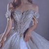Ivory Off Shoulder Tassel Rhinestone Sparkly Tulle Ball Gown Wedding Dress